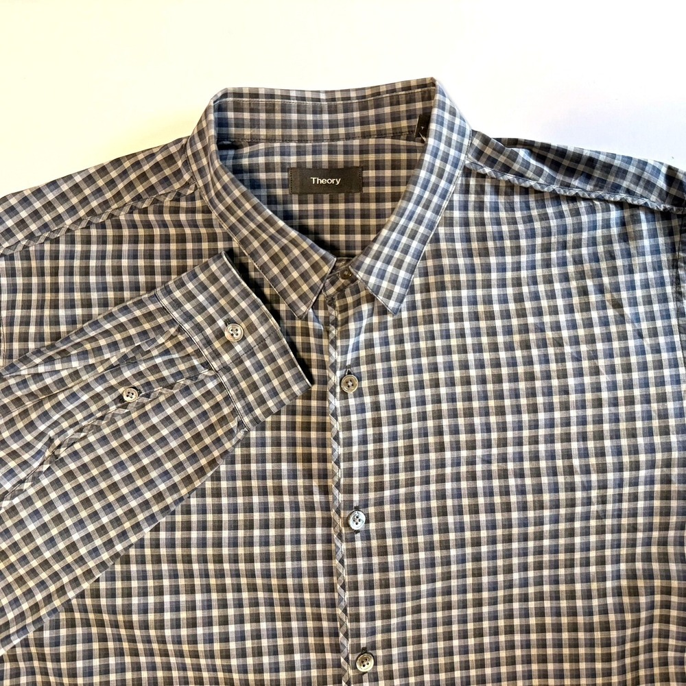 Theory Benner Trimont Men's XL Gingham Button Down Shirt Blue Grey Cotton Plaid - Picture 2 of 16